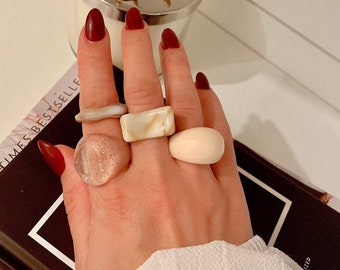 Chunky Creamy Neutral Rings: Retro Acrylic Plastic Rings, Set of 4