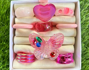 Popular Pink Chunky 9pcs Rings, 2026 Beach Summer Trendy Rings,Clear Funky Rings,Jelly Acrylic Rings,Butterfly Ring, Retro Plastic Rings