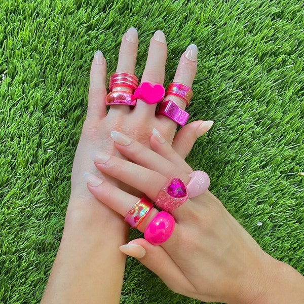 Popular Pink Chunky 9pcs Rings, 2024 Beach Summer Trendy Rings,Clear Resin Funky Rings,Jelly Acrylic Rings,Barbie Rings, Retro Plastic Rings