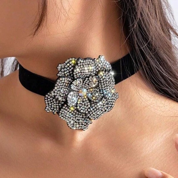 Rhinestone Rose Flower Choker Necklace, Black Flower Choker Ribbon Necklace, Rhinestone Wrap Necklace, String Wrap Fabric Rose Choker