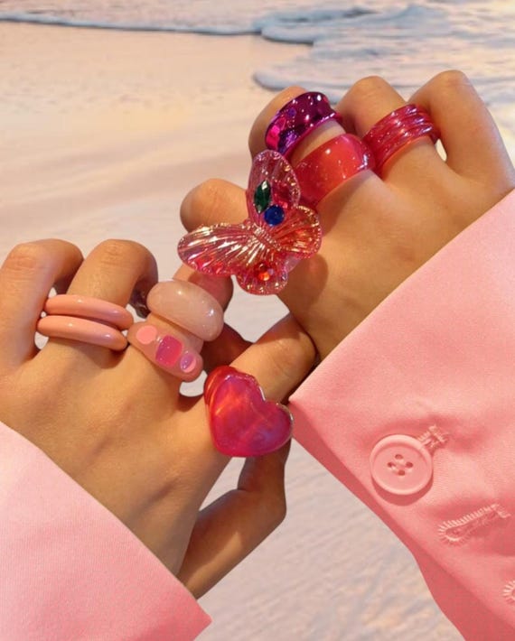 Popular Pink Chunky 9pcs Rings, 2025 Beach Summer Trendy Rings
