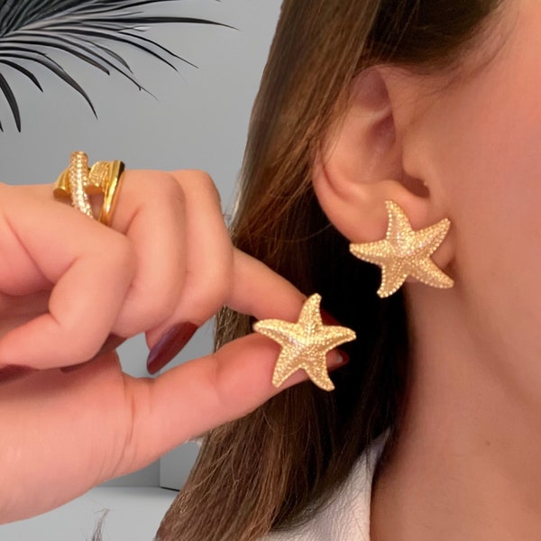 Trendy 2024 Gold Starfish Stud Earrings, Must Have Summer Earrings, Vacation Beach Gold Earrings, Ocean Star Earrings, Statement Earrings