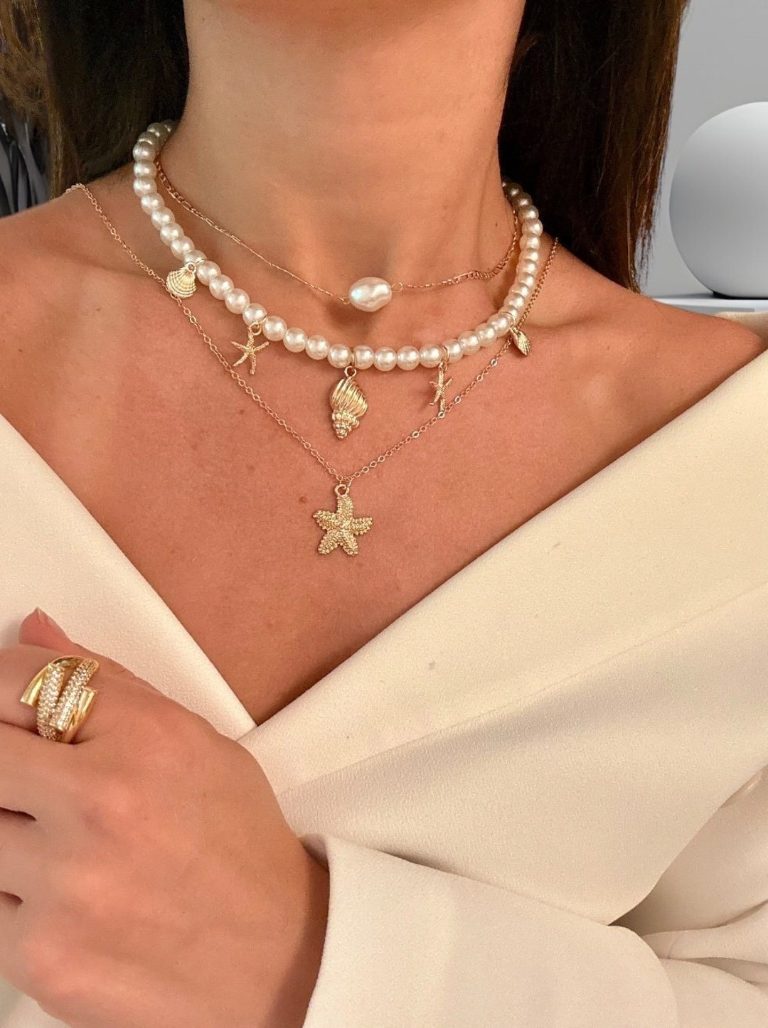 Trendy 2025 Summer Pearl Starfish Necklace,layered Necklace