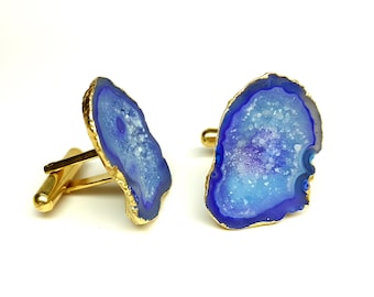 Blue Druzy Agate Cufflinks: 22k Gold-Plated Wedding Jewelry