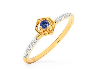 14K Gold Blue Sapphire Engagement Ring, Moissanite Accent