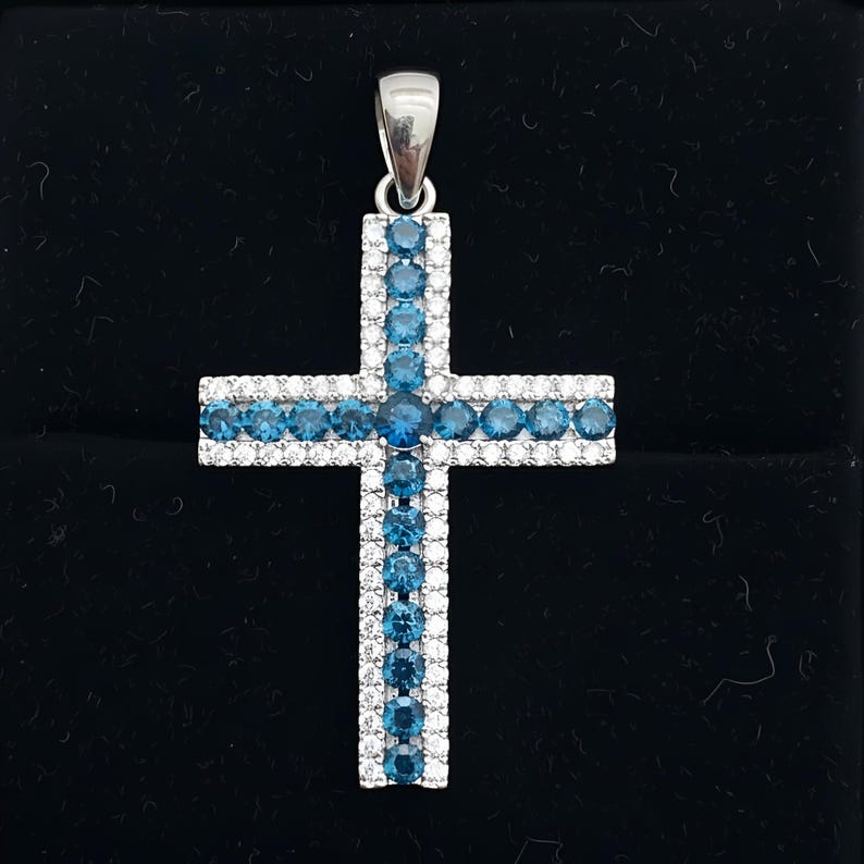 Ciondolo a croce con zaffiro blu, collana in argento sterling 925, regalo completo Blue Topaz