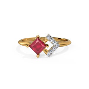 May include: A gold ring with a square, deep red gemstone and a diamond-set geometric design. The ring's band is smooth, polished gold, and the diamonds are set in a white metal. This ring is a piece of jewellery.