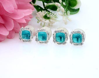 Vintage Style Sky Blue Topaz Tuxedo Studs: Silver & Gold Tone (Set of 4)