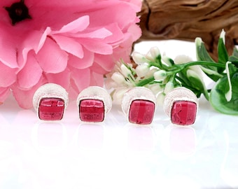Vintage Red Ruby Gemstone Tuxedo Studs, Matte Silver Gold Plated (4 pc)