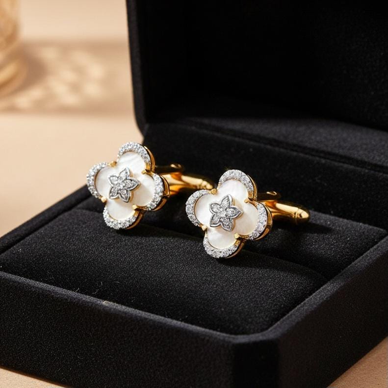 Pearl Moissanite Cufflinks, Gold Tone Sterling Silver, Vintage Clover Design
