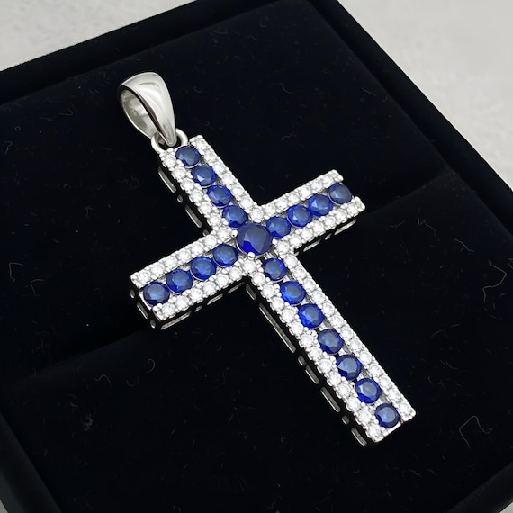 Blue Sapphire Cross Pendant, 925 Sterling Silver Necklace gifte fully