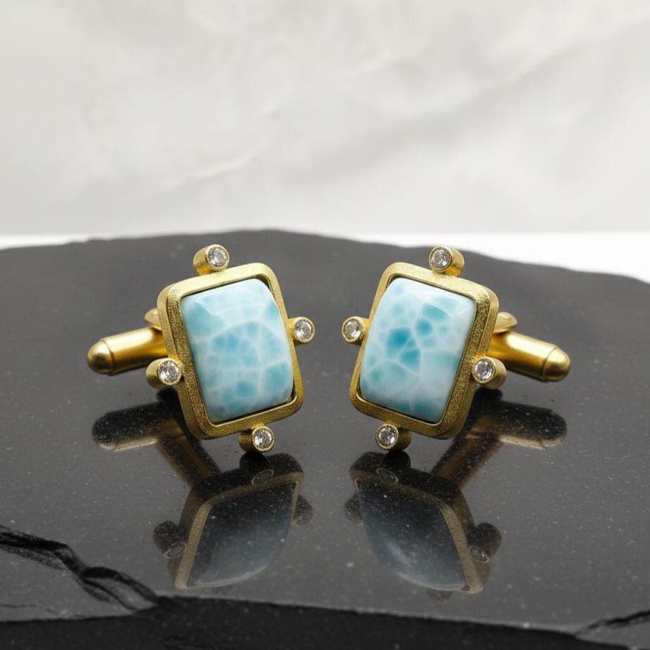 Natural Larimar Cufflink, 22K Gold Plated Vintage Style, Wedding cuff link, gift for her, groomsman cufflink Father of bride gift for him,