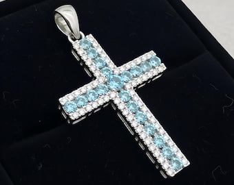 Ciondolo a croce in acquamarina: collana in argento sterling con accenti in zirconia cubica, regalo perfetto