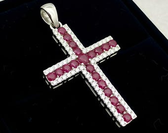 Ciondolo a croce con rubino, collana in argento sterling, gemma creata in laboratorio gif te