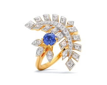 14K Gold Blue Sapphire Engagement Ring, Moissanite Accents