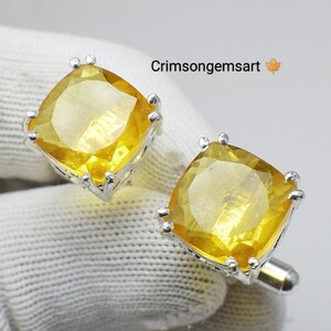 Citrine Cufflinks: Silver Brass, Yellow Crystal Suit Cufflinks