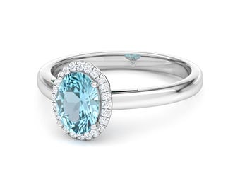 Sterling Silver Aquamarine Ring, Oval Moissanite Halo, Handmade