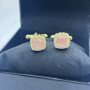 Rose Quartz Cufflinks: Gold Brass Wedding Cuff Links Gift