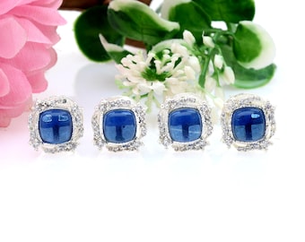 Blue Sapphire Tuxedo Studs: Silver & Gold-Plated Vintage Style (4 pc)