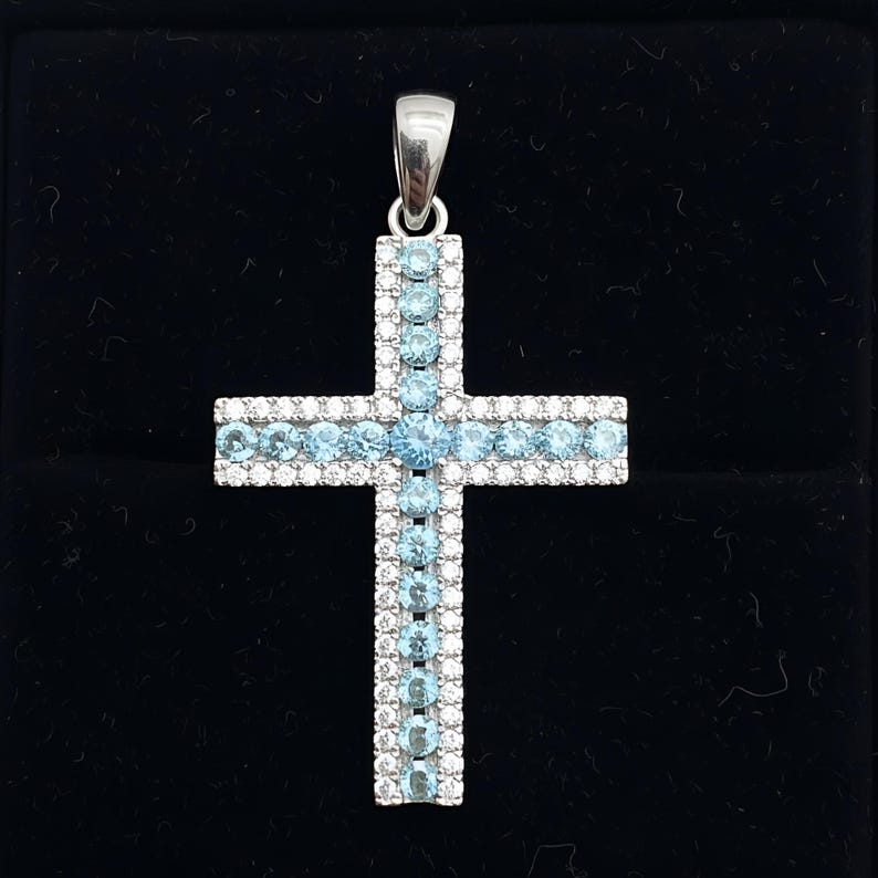 Ciondolo a croce con zaffiro blu, collana in argento sterling 925, regalo completo Acquamarina