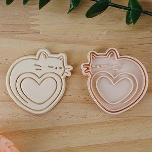 Love Cat Cookie Cutter Set, Heart Cat Cookie Mold, Valentine&#39;s Day Cookie Stamp Set, Heart Shape Cookie Cutter, Handmade Cookie Mold, Gifts