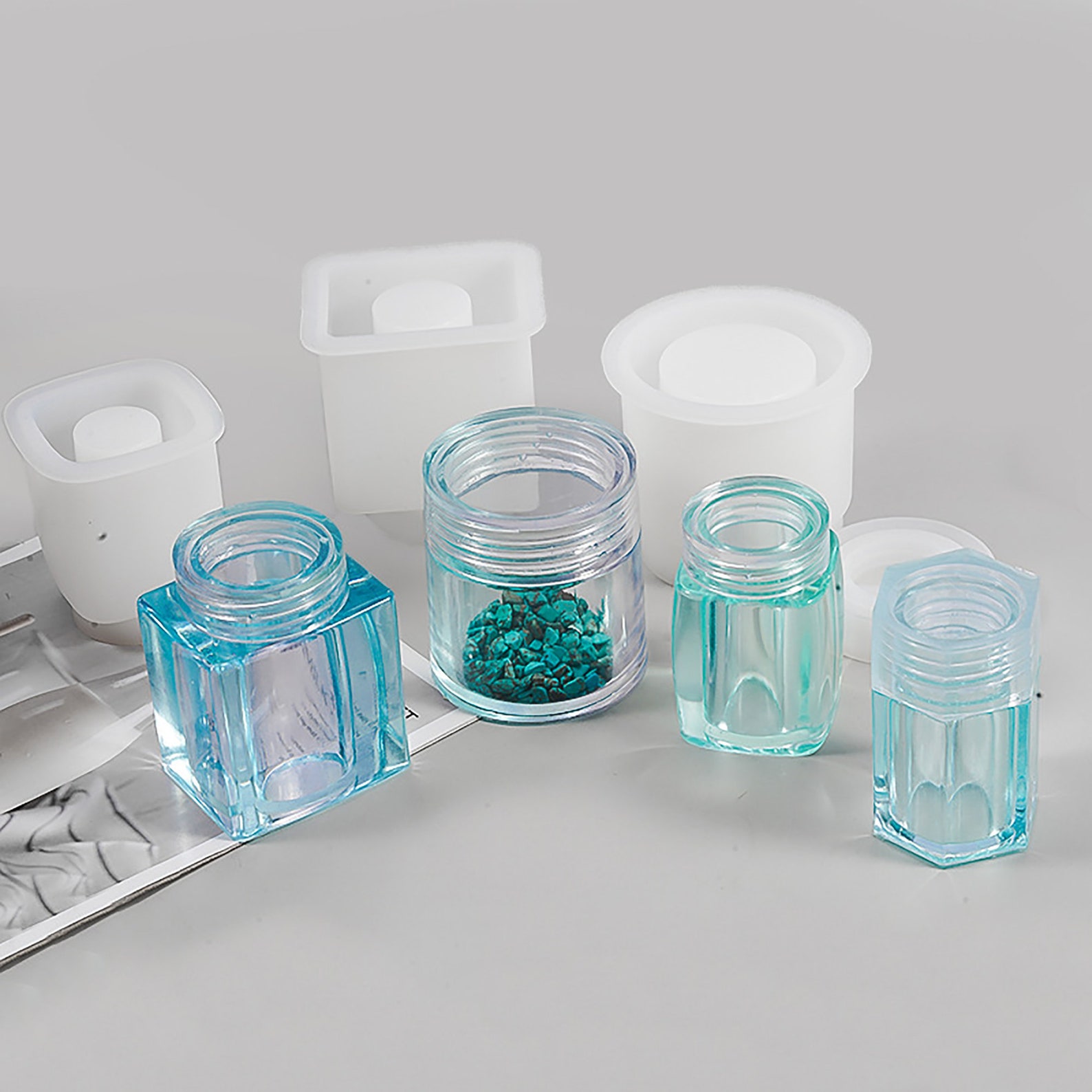 FineInno Hexagon Jar Resin Molds With Lid Box Silicone Mold