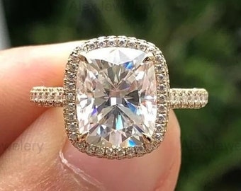 Cushion Cut Moissanite Ring: 14K Yellow Gold Hidden Halo Engagement Ring
