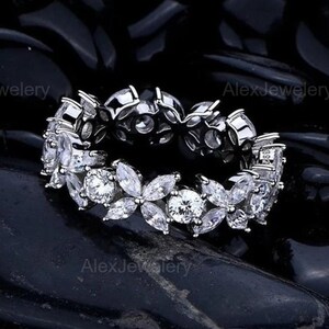 Moissanite Full Eternity Band: 14K White Gold Marquise Wedding Ring