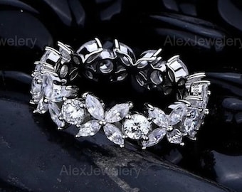 Moissanite Full Eternity Band: 14K White Gold Marquise Wedding Ring