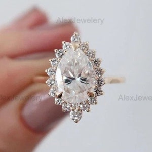 Pear Cut Moissanite Ring 14K Yellow Gold Engagement Ring Halo Anniversary Ring Wedding Ring For Her Promise Ring Anniversary Gift For Woman