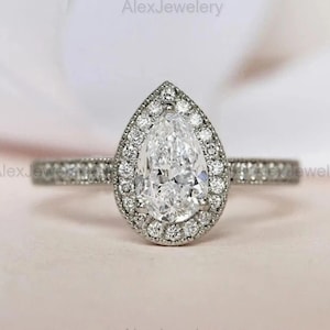 Pear Cut Moissanite Halo Engagement Ring | Milgrain Pave Band White Gold Ring | Vintage Inspired Proposal Ring | Bridal Jewelry