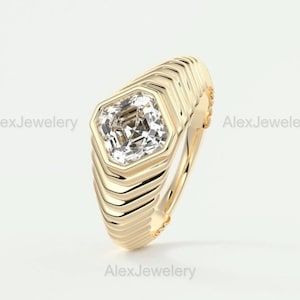 Asscher Cut Moissanite Ring: 14K Yellow Gold Solitaire Wedding Ring