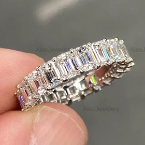 Eternity Wedding Band Emerald Cut Moissanite Engagement Ring 14K Gold Ring Anniversary Gift For Her Promise Ring For Woman Anniversary Ring