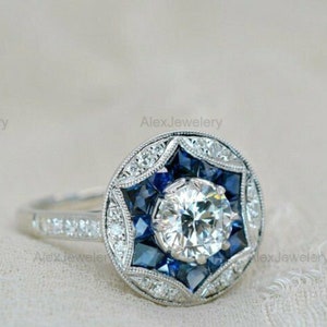 Art Deco Ring Promise Ring Round Cut Moissanite Engagement Ring Halo Anniversary Ring Wedding Ring Anniversary Gift For Her Ring For Her