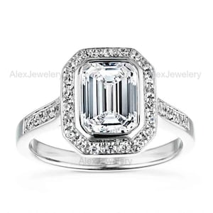 14K White Gold 2 CT Emerald Cut Moissanite Hidden Halo Engagement Ring