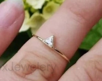 14K Gold Triangle Diamond Ring: Bezel Solitaire Promise Ring