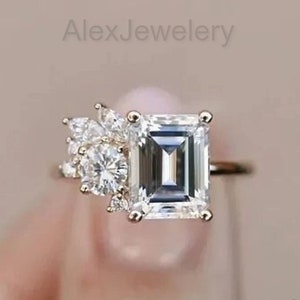 2 CT Emerald Cut Moissanite Ring 14K Yellow Gold Engagement Ring Round Diamond Ring Wedding Anniversary Ring Promise Ring Gift For Woman