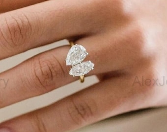 Toi Et Moi Ring Two Stone Ring Pear And Marquise Moissanite Ring 14K Yellow Gold Anniversary Ring Moissanite Engagement Ring Promise Ring