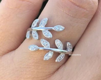 14k Leaf Cluster Promise Ring, Vintage Rose Gold Double Curved Enhancer Ring, Unique Leaf Floral Moissanite Wedding Ring, Anniversary Gift