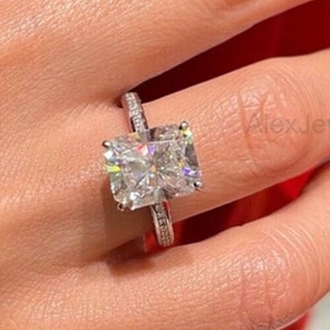 2.5 CT Radiant Moissanite Engagement Ring: 14K Gold Hidden Halo