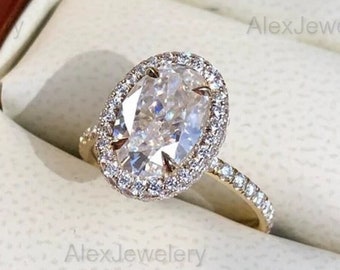 Oval Moissanite Halo Engagement Ring: 14K White Gold Anniversary Ring,