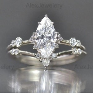 Marquise Cut Moissanite Engagement Ring Set 14K White Gold Anniversary Ring Set Wedding Ring Set Promise Ring Anniversary Gift For Woman