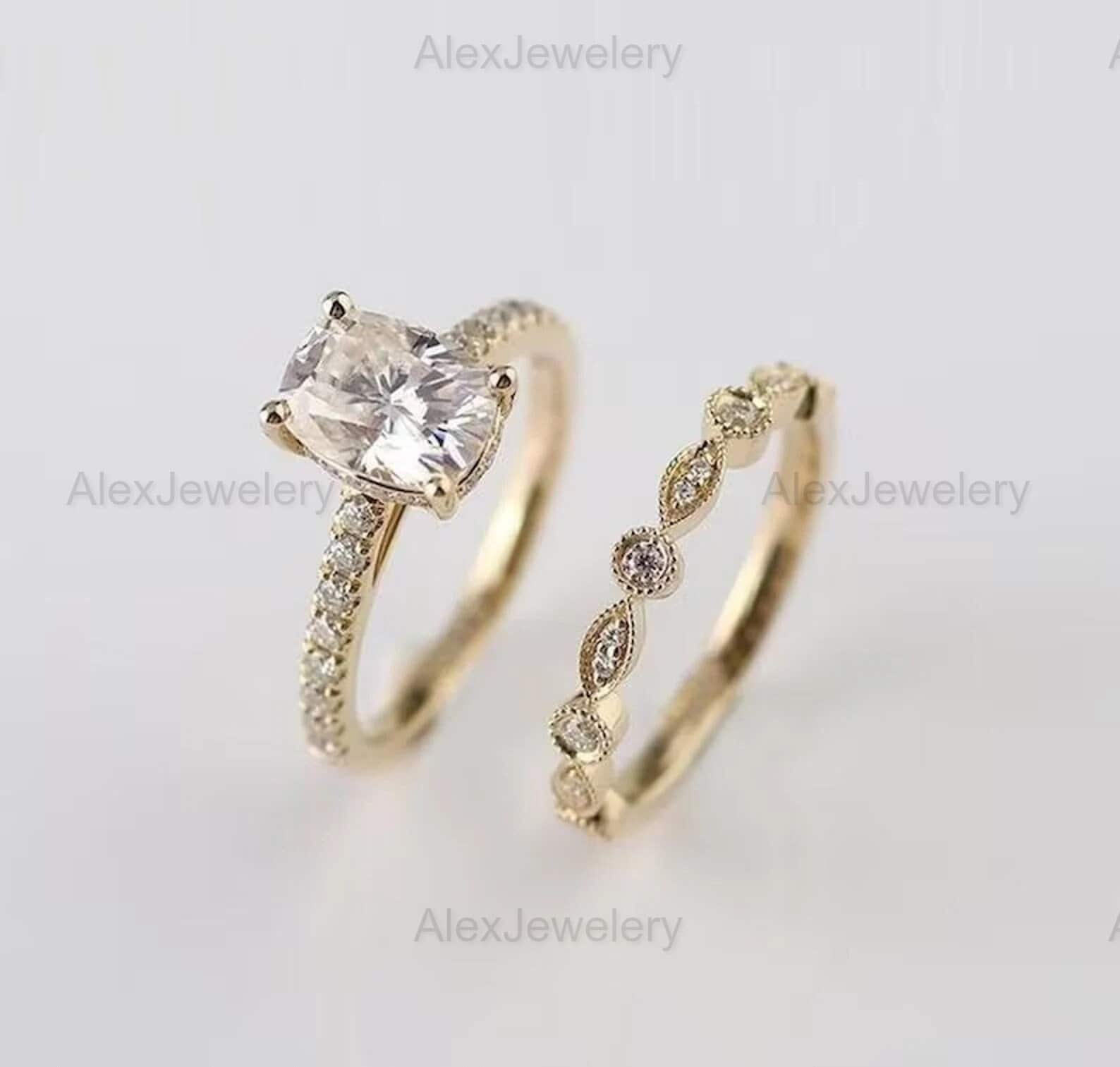 Cushion Cut Moissanite Engagement Ring Set 14K Yellow Gold Anniversary Ring Set Hidden Halo Wedding Ring Set Promise Ring Gift For Woman