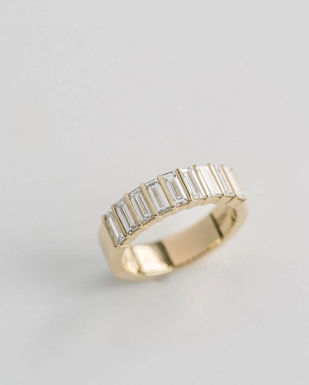 Vintage Baguette Moissanite Wedding Band: 14k Yellow Gold Half Eternity ...