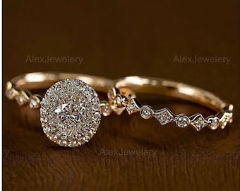 Ovaal geslepen Moissanite verlovingsring set 14K geel gouden jubileum ring set dubbele Halo trouwring belofte ring voor vrouw cadeau voor haar