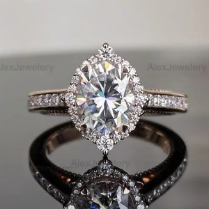 Oval Moissanite Halo Engagement Ring: 14K Gold Bridal Anniversary Ring