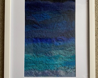 Framed Fabric Collage with Hand Embroidery inspired by the Sea.  Coastal Art