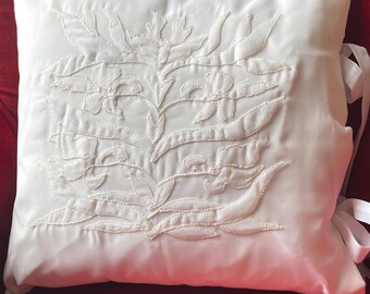 White Shadow Work Embroidery Cushion. Floral Art.