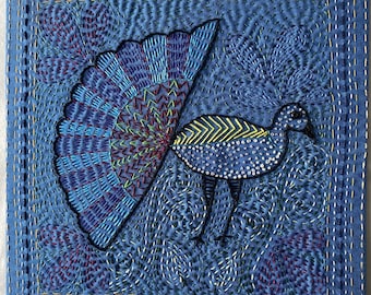 Framed Peacock Embroidery.  Indian Kantha-Style. Hand stitched.
