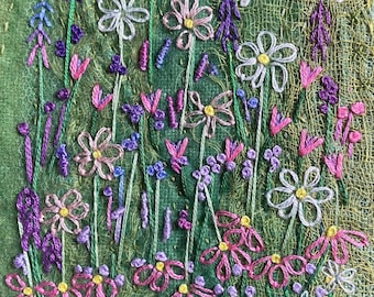 Framed miniature hand embroidered Midsummer Garden. Floral Art.